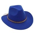 Detail of royal blue felt fedora hat featuring a brown leather band with sparkling rhinestones - One Size / Sapphire Blue