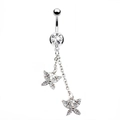 Piercing de ombligo plateado con colgantes de mariposa y circonitas cúbicas brillantes - Doble Mariposa Borla Plata