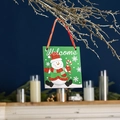 Christmas snowman welcome sign hanging on a branch with festive glitter finish decoration - No. 5 Green Square Snowman Tag