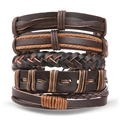 Detail of stacked handmade leather woven bracelets in dark brown and tan punk style - Dark Brown Belt Buckle Style