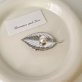 Elegant silver leaf brooch with white pearl in a ceramic dish, minimalist jewelry - 10# Silver Leaf Shape Brooch