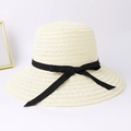 Foldable beige straw sun hat with wide brim and elegant black ribbon bow decoration - One Size / Milk White
