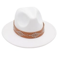 Detail of white fedora hat with brown leather band and silver metal stud embellishments - M (56-58cm) / White