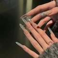 Long nude gradient cat eye press-on nails with sparkling silver rhinestones and crystals - By1465 Shines Brightly / Phototherapy Glue Style