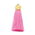 Pendentif gland en corde de coton rose avec capuchon en acier inoxydable doré et anneau - Gland Rose (KLJ6049-Z)