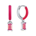 Pink enamel S925 silver hoop earrings with rectangular red gemstone charms for women - 32-Pink Enamel Red Rect