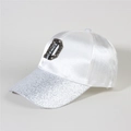 Macro detail of white baseball cap with silver sequins and sparkling rhinestone D patch - Style 31-White Satin Sequin NICENICE D