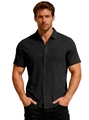 Zwart gebreid herenoverhemd met korte mouwen, wafelstructuur en button-down kraagontwerp - S / Zwart