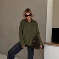 Pull en maille vert armée à demi-zip, coupe ample décontractée avec détails en métal - S / Vert