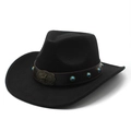 Classic black wool fedora hat with Western leather band and turquoise stone accent - M(56-58cm) / Black