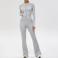 Women's grey 2-piece yoga set with zip jacket and high waisted flare pants - S / Heather Grey (Yoga Jacket + Flare Pants)