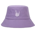 Detail of purple cotton bucket hat featuring white skull hand embroidery and stitched brim - Purple