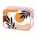 Transparent PVC makeup bag with pink trim and abstract floral patterns on white background - 080-Plant Geo Pink