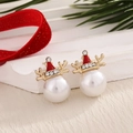 Christmas reindeer pearl stud earrings with red hat and golden antlers design - Pearl Antler Hat (EAR0044)