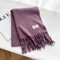 Thick purple wool blend scarf with fringe and minimalist label on white background - Wisteria Purple / Over 175cm