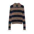 Women stripe knit cardigan with polo collar and long sleeves in navy and brown - S / Striped