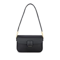 Minimalist black leather shoulder bag with square buckle and gold hardware - Black