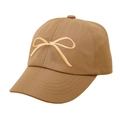 Close-up of fine bowknot embroidery and cotton twill texture on kids sun visor hat - One Size / Khaki