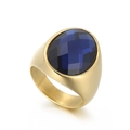 Vintage gold plated stainless steel ring with faceted oval blue glass stone inlay - US 9 / Dark Blue (KR102957-LK)