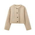 Short faux fur jacket in beige for women with round neck and dark buttons on white background - XS / Khaki