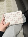 Cream canvas coin purse with pink bow and floral pattern and pink woven zipper pull - Small White Small Bow