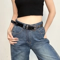 Ceinture punk en cuir noir avec boucle florale argentée et rivets métalliques décoratifs - Style Américain Noir