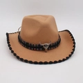 Camel retro fedora hat with silver bull skull ornament and woven brim detailing - One Size / Camel Black Trim
