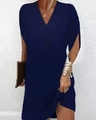 Elegant dark blue V-neck pleated dress with batwing sleeves in a loose casual style - S / Navy Blue