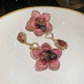 Detailed close-up of pink embroidered flower earrings with crystal heart and teardrop accents - Pink Embroidery Flower Water Drop Pendant (2#)