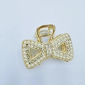 Elegant gold alloy bow hair claw clip with faux pearls and rhinestones for women - Gold Bowknot