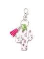 Close-up of wooden cactus keychain with floral patterns and a pink fringe tassel - White Colorful Flower Cactus/Pink Tassel