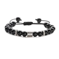 Detail of adjustable beaded bracelet with polished black agate beads and silver metal spacers - Glossy Black Stone Bracelet