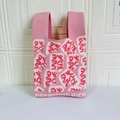 Pink and white knit tote bag with Becoming Rich text and abstract red patterns - Pink Mahjong Tiles