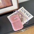 Pink plush crossbody phone bag with purple rope strap and colorful brand logo label - Plush Powder Pink