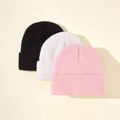 Set de tres gorros de punto informales en negro, blanco y rosa para niños en el otoño - Talla única / Negro+Blanco+Rosa