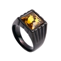 Detail view of a black stainless steel ring featuring a polished finish and faceted yellow gem - US 10 / Black Base Yellow Gemstone