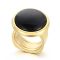 Modern chunky gold ring featuring a large round black cabochon stone with cat-eye effect - US 6 / Golden Black Cat's Eye Style (KR107551-K)
