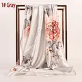 Elegant satin square scarf with peony floral print in silver grey on metal frame - 90cm*90cm / Gray