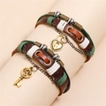 Vintage braided brown leather couple bracelets with heart lock and key charms - Couple Pair Set