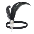 Vintage 1920s Gatsby headband with black feathers, pearl tassels and sequins on white background - Black Feather White Tassel