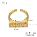 Detailed view of adjustable copper ring featuring white imitation pearls and crystal inlay - Size 7 (Adjustable) / Gold