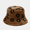 Cappello a secchiello in peluche marrone con margherite in morbida ecopelliccia - M（56-58cm） / Marrone con Margherite Gialle (9#)