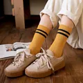 Classic yellow ribbed cotton mid-calf socks with black stripes for women - Double Stripe Socks (Ginger)