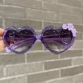 Sparkly purple heart-shaped sunglasses for kids with floral accents and glitter frames - Translucent Purple Glitter With Gradient Gray Lens