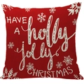 Red Christmas linen pillowcase with white holly jolly text and snowflake patterns - A11