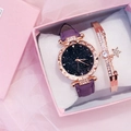 Starry sky dial ladies watch with purple leather strap and sparkling rhinestone bracelet - Starry Sky Watch + Bracelet + Gift Box Set / Purple