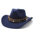Detail of navy blue wool felt western hat with ethnic woven band and silver coin charms - M (56-58cm) / Navy Blue