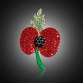 Elegant poppy flower brooch with red rhinestones and green stem on gold-tone base - Style AL-5