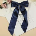 Elegant navy blue satin long tail bow hair clip with high-gloss silk finish for women - Navy Blue