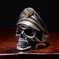Gothic skull ring for men with golden eagle military cap in vintage silver finish - Pirate Captain Two-tone Skull